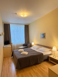 ein Hotelzimmer mit einem Bett und einem Stuhl in der Unterkunft VESK Svečių Namai in Druskininkai
