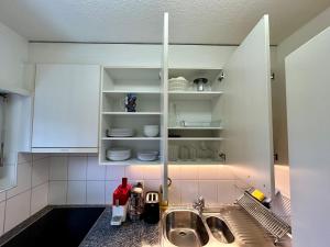 a kitchen with a sink and white cabinets at Cozy Studio in Witikon District in Zurich +5 photos