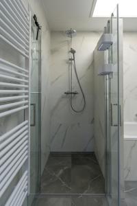 a shower in a bathroom with a glass shower stall at Zilte Bries in De Koog