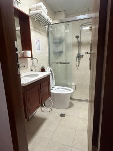 a bathroom with a shower and a toilet and a sink at EA Staycation in Baguio