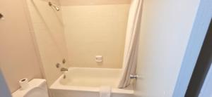 a bathroom with a white tub and a toilet at Budget Inn in Dothan