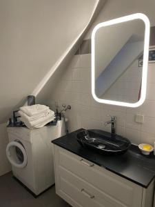 a bathroom with a sink and a washing machine at Amadeus Studio in Baden
