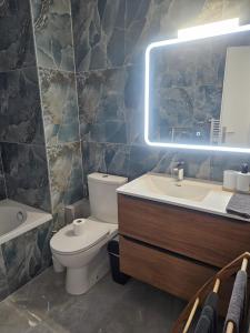 a bathroom with a toilet and a sink and a mirror at Studio Le Belvédère TURCKHEIM in Turckheim