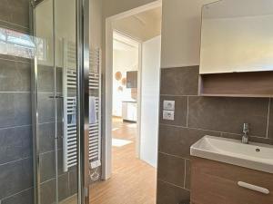 a bathroom with a sink and a glass shower at Il Colle in Buia