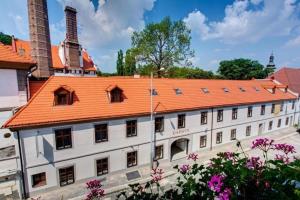 an old building with an orange roof and pink flowers at Hotel Restaurant Darwin in Prague