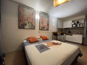 a bedroom with a bed with two pillows on it at PENTHOUSE SEASIDE 10 MIN port, croisière et aéroport in Pointe-à-Pitre