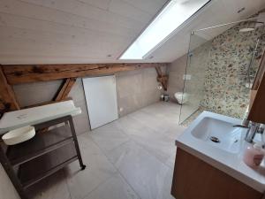 a bathroom with a sink and a shower and a toilet at Chambres d'hôtes Les Fontaines in Tramelan