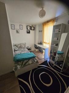 a small bedroom with a bed and a desk at Chez Ismael in Melun +13 photos