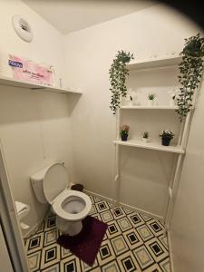 a bathroom with a toilet and shelves with plants at Chez Ismael in Melun