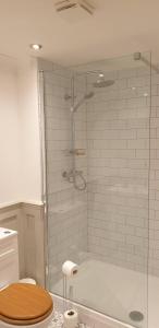 a bathroom with a shower with a toilet and a sink at Flat 9- Park Place in Banbury +2 photos