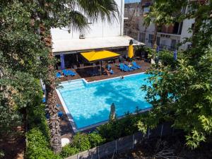 an overhead view of a swimming pool with a surfboard at Hotel Ena - Elegant Mountain View Stay with Pool in Loutra Ipatis