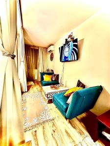 a living room with a green couch and a tv at Borovets luxury studio in Samokov