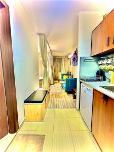 a room with a kitchen and a living room at Borovets luxury studio in Samokov