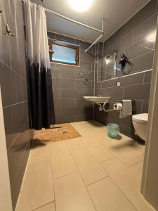 a bathroom with a shower and a sink and a toilet at Boutique Hotel Sena in Berlin +90 photos