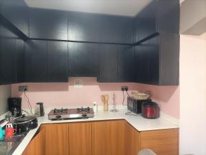 a kitchen with black cabinets and a stove at E- Gem in Gulu