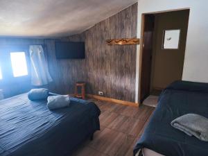 a bedroom with two beds and a window and a television at B&B Copahue in San Carlos de Bariloche