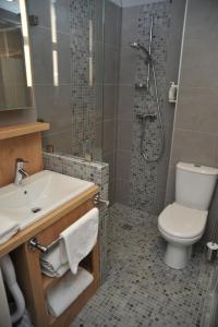 a bathroom with a shower and a toilet and a sink at Hotel Espace Cite in Carcassonne +29 photos
