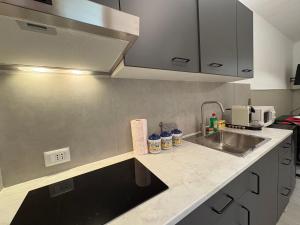 a kitchen counter with a sink and a microwave at Cozy Mountain Apartment with Cimone view in Faidello