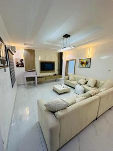 ein großes Wohnzimmer mit Sofa und Fernseher in der Unterkunft Stan - Haven Apartments ASOKORO in Asokoro