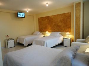 um quarto de hotel com duas camas e uma televisão de ecrã plano em HOTEL MAISON FIORI (Centro) em Cochabamba