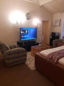 a living room with a flat screen tv and a bed at Portia inn accommodation in Pretoria +2 photos