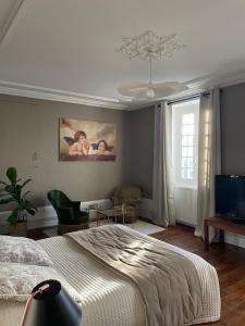 a bedroom with a bed and a living room with a tv at La Chambre d'Adèle in Louhans +9 photos