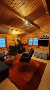 a living room with a couch and chairs and a tv at Holzhaus direkt am See in Priepert