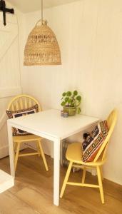 a white table with two chairs and a potted plant at Cwt Cen y Coed in Llanferres