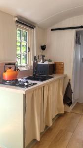 a kitchen with a counter with a microwave on it at Cwt Cen y Coed in Llanferres +7 photos