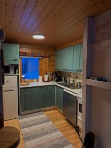 a kitchen with green cabinets and a wooden ceiling at Pusikko - Cozy Lake Villa - Ice Swimming - Sauna - Fireplace - Barbeque Shed in Kuusamo