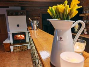 a vase of flowers on a counter with a fireplace at Althanský penzion in Znojmo