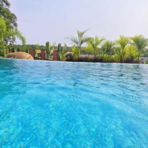 a pool of blue water with palm trees in the background at Unwind Farm Retreat in Hyderabad +77 photos