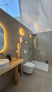 a bathroom with a sink and a toilet and a shower at Les Dômes du Moulin in Urtaca