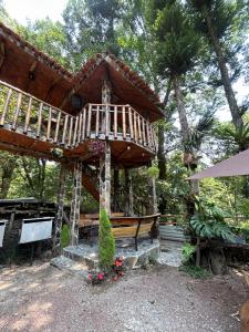 a tree house with a deck and a bench at Casa Machtiani in Cedro