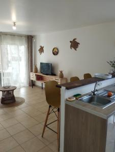 a kitchen with a sink and a living room at Dauphin bleu in Saint-André