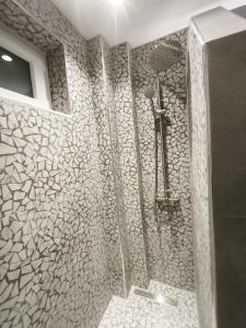 a bathroom with a shower with a stone wall at Blue Sea Studios in Arkasa