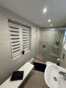 a bathroom with a sink and a shower with a window at Pension am Helios in Kolonie Röntgental +33 photos