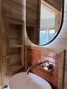 a bathroom with a sink and a mirror at Killarney Glamping - Ross Road in Killarney