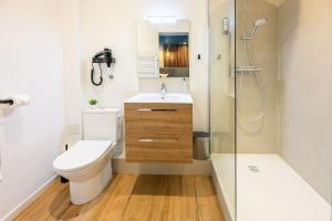 a bathroom with a toilet sink and a shower at L'Esplanade Hôtel Restaurant Bar à vin in Le Pellerin +57 photos