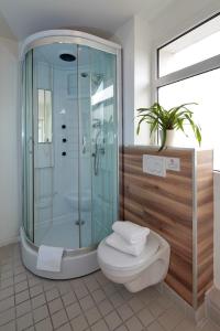 a bathroom with a toilet and a glass shower at Petul Apart Hotel City in Essen +20 photos