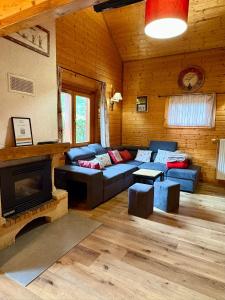 a living room with a couch and a fireplace at Chalet Les Brimbelles avec Jacuzzi in Gérardmer