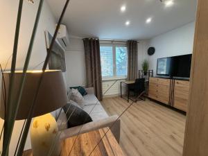 a living room with a couch and a flat screen tv at SECRETO Apartman 1 in Komárno