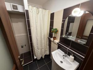 a bathroom with a sink and a mirror at SECRETO Apartman 1 in Komárno