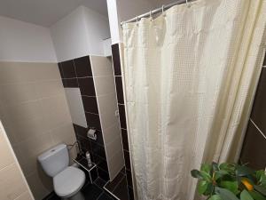 a bathroom with a toilet and a shower curtain at SECRETO Apartman 1 in Komárno
