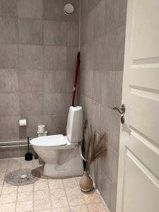a bathroom with a toilet with a broom on the wall at Qaqortoq Spa Accommodation in Qaqortoq