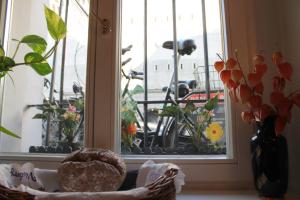 a window with a basket and flowers in a room at Hotel Amelie Berlin in Berlin