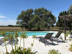 a pool with chairs and trees in a yard at Aires de Capilla in Capilla del Señor
