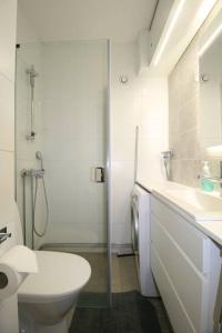 a bathroom with a toilet and a sink and a shower at Borg Kiertokatu, Spacious Studio Apt, Free Parking in Pori
