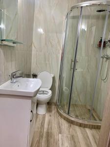 a bathroom with a shower and a toilet and a sink at Lemon Luxury Studio in Xanthi
