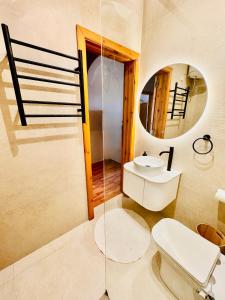 a bathroom with a toilet and a mirror at Sea View apartment in Sliema in Sliema +25 photos